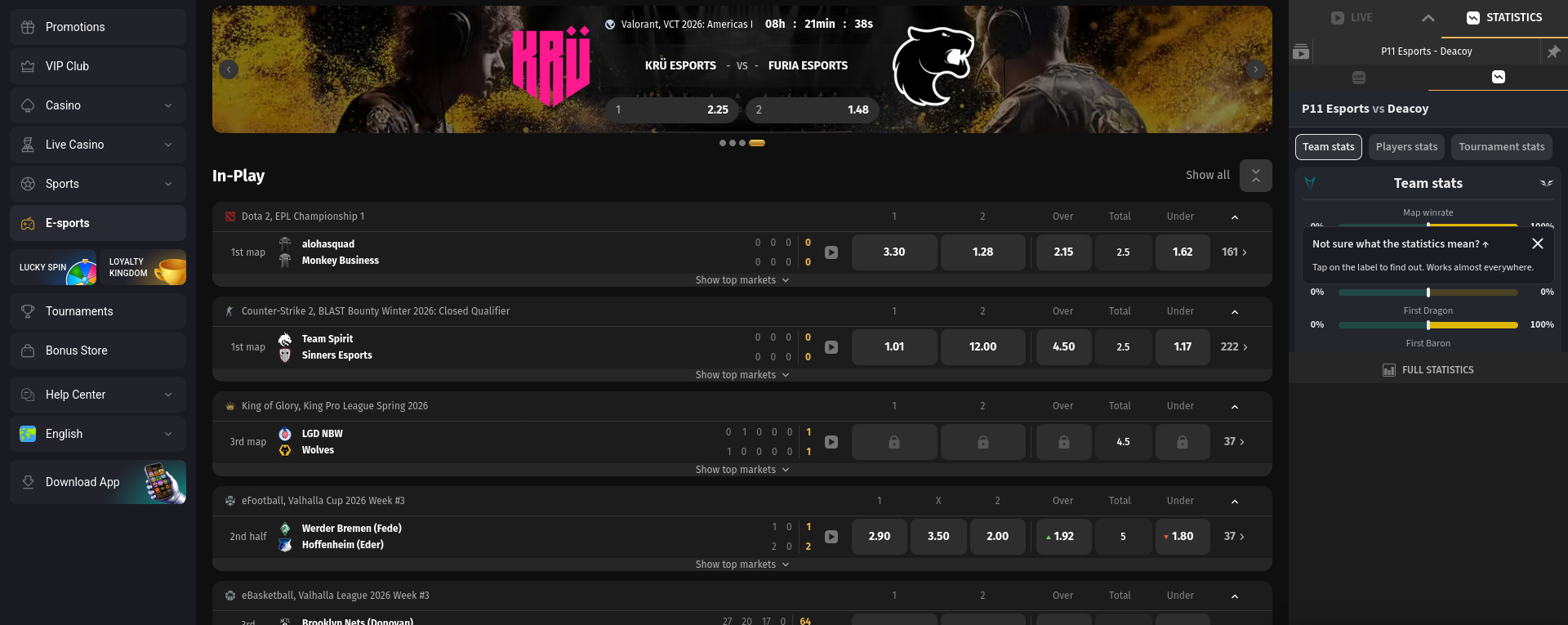 Fortune Play esports betting interface showing CS2 and Dota 2 matches